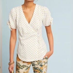 MAEVE by Anthropologie Size 2 Cream Wrap Blouse Tie Front V Neck Puff Sleeve